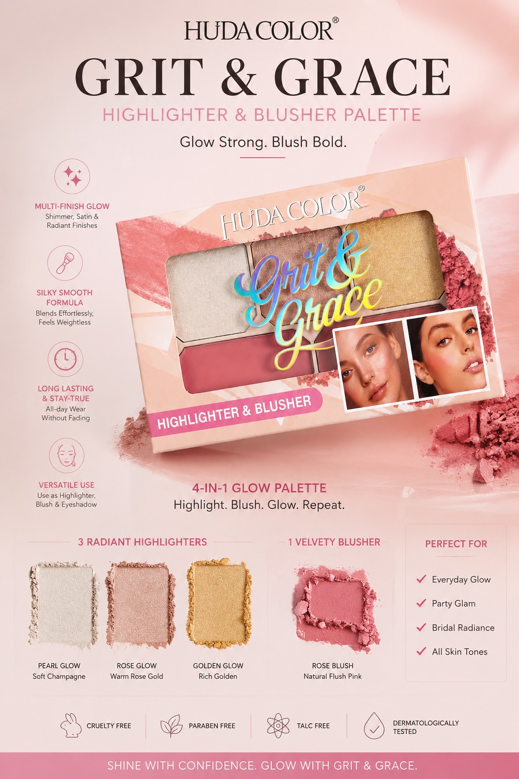 HUDA COLOR Grit & Grace Highlighter & Blusher Palette - Image 4