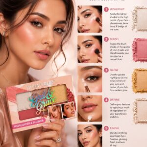 HUDA COLOR Grit & Grace Highlighter & Blusher Palette – Face Glow & Blush Makeup Palette
