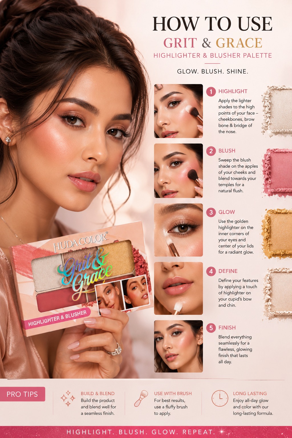 HUDA COLOR Grit & Grace Highlighter & Blusher Palette – Face Glow & Blush Makeup Palette