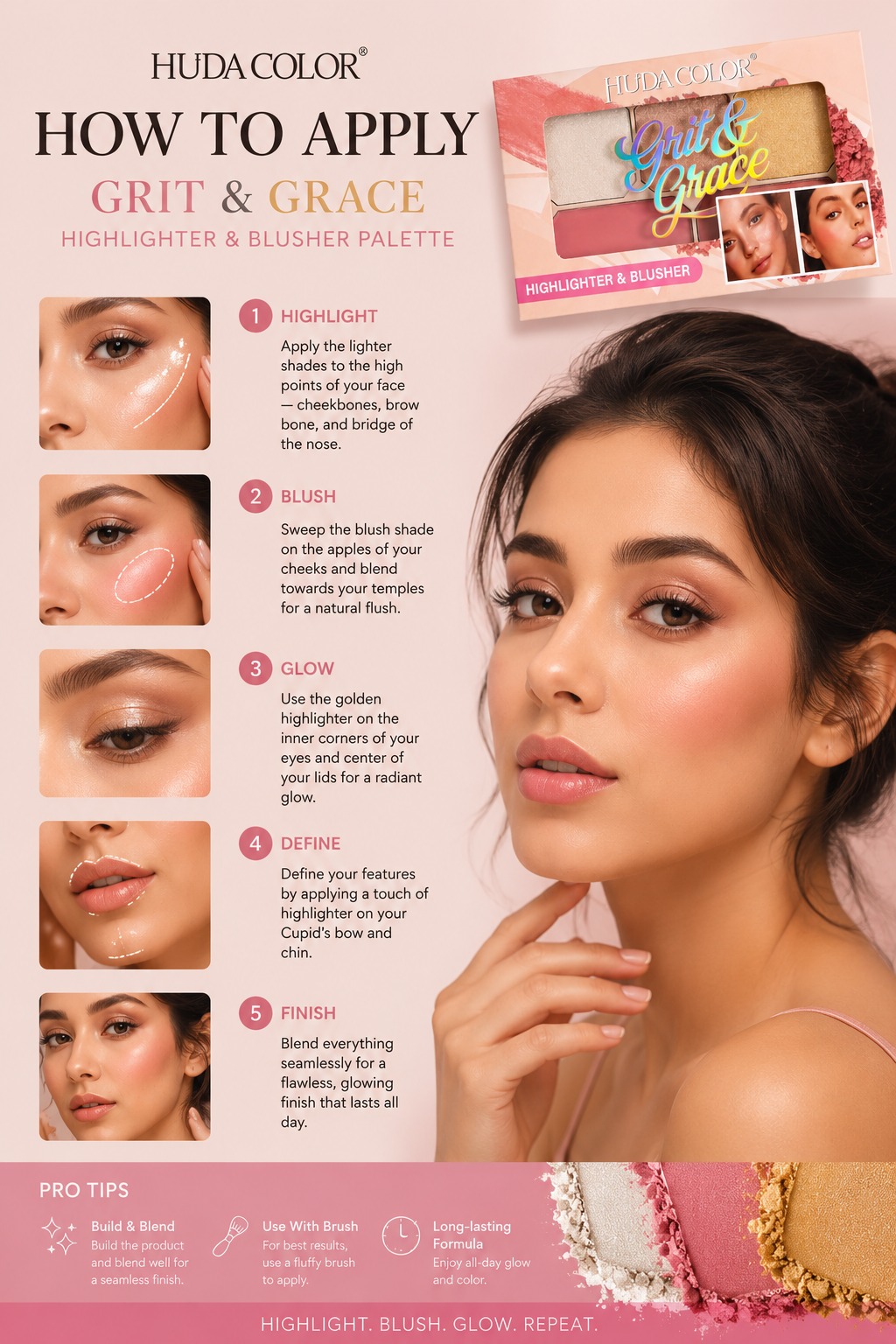 HUDA COLOR Grit & Grace Highlighter & Blusher Palette - Image 3