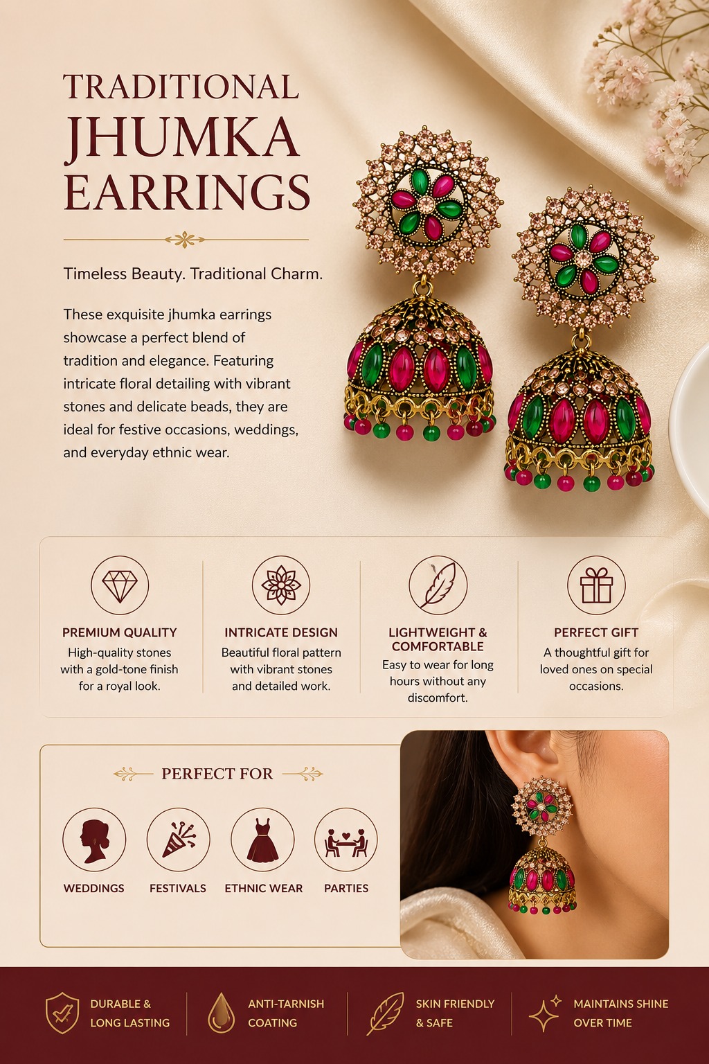 Rajwada Ruby Emerald Jhumka - Image 2