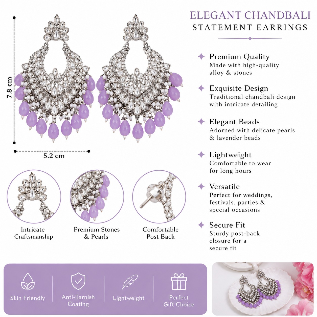 Lavender Noor Chandbali Earrings - Image 4