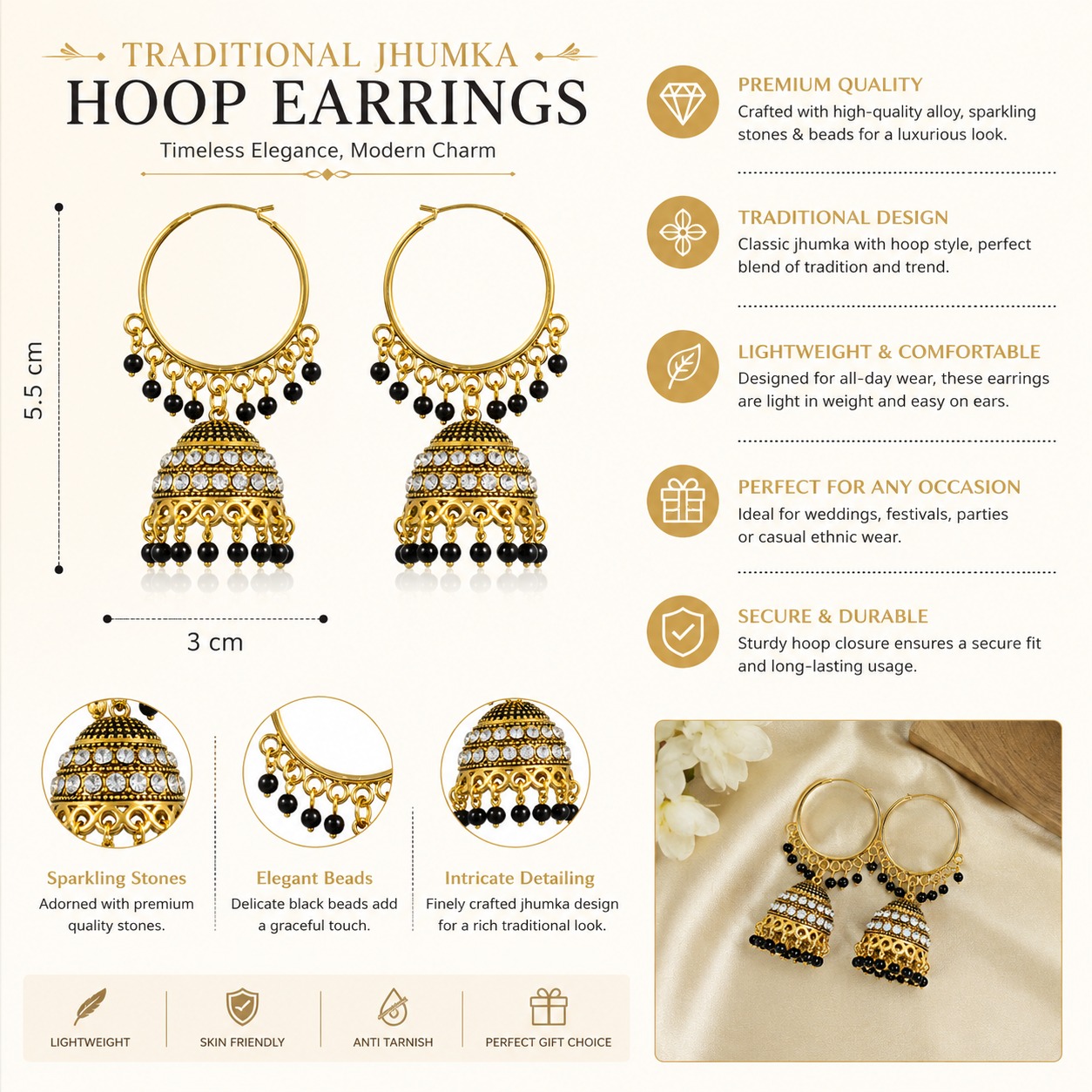 Noir Royale Hoop Jhumka Earrings - Image 4