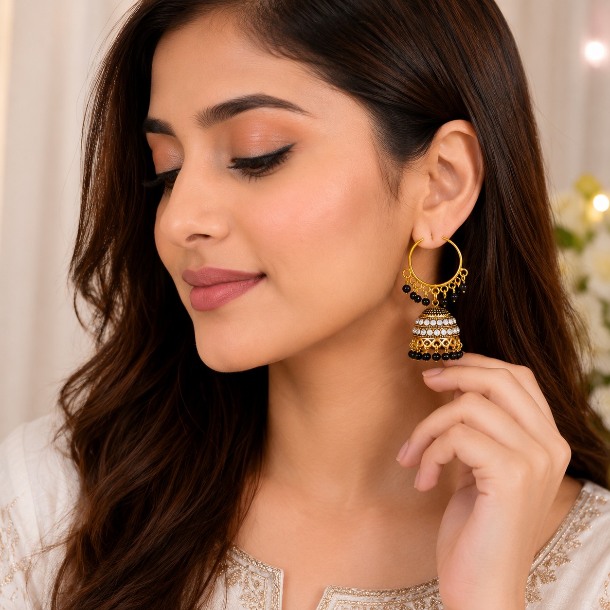 Noir Royale Hoop Jhumka Earrings - Image 2