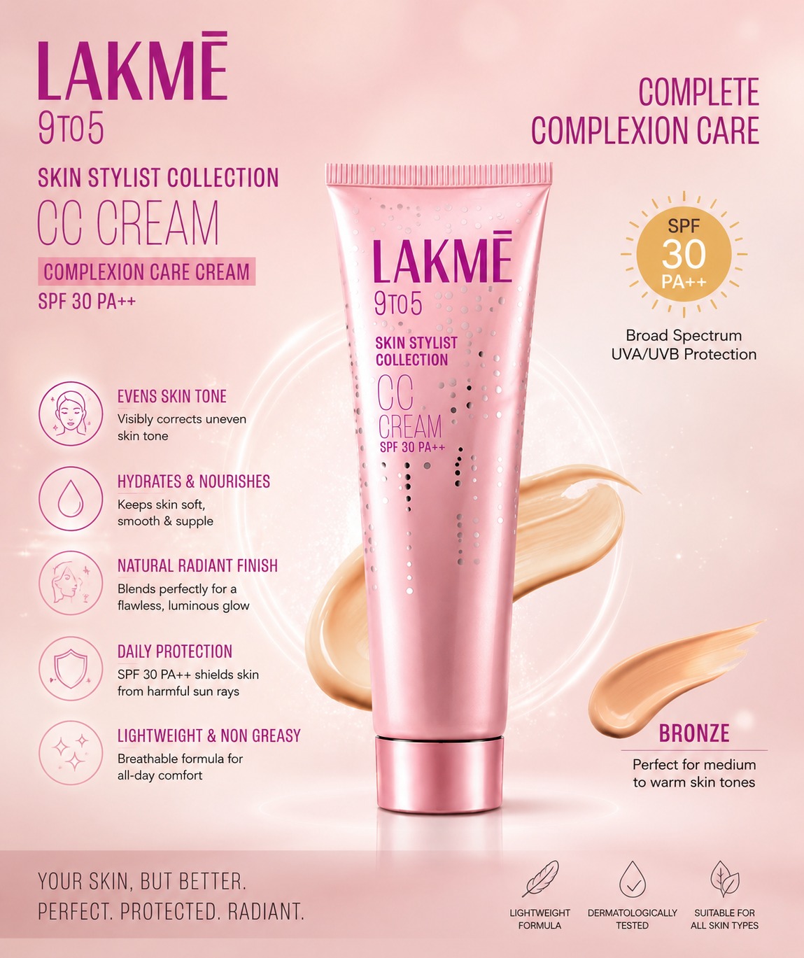 Lakmé 9to5 Skin Stylist CC Cream SPF 30 PA++ – Bronze - Image 3