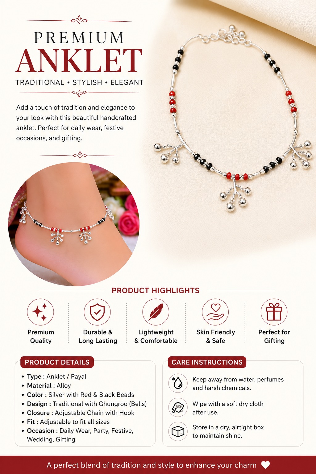 Ruby Noir Beaded Anklet - Image 4