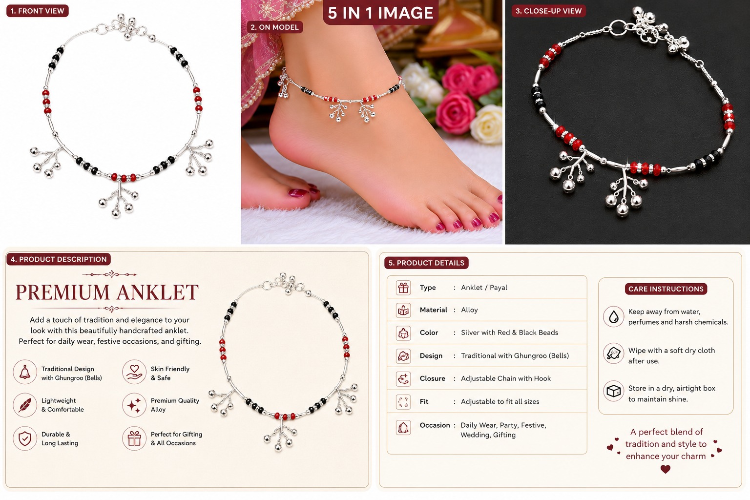 Ruby Noir Beaded Anklet - Image 3