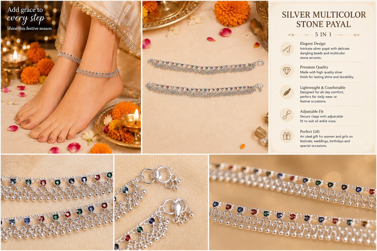 Silver Multi-Color Stone Payal - Image 3
