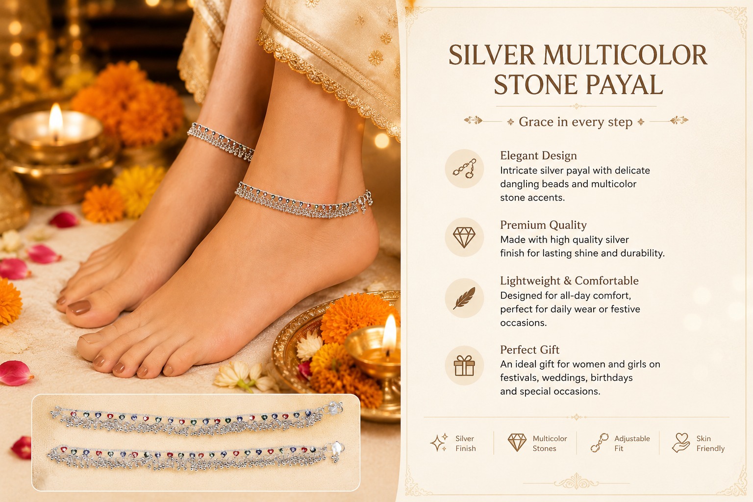 Silver Multi-Color Stone Payal - Image 4