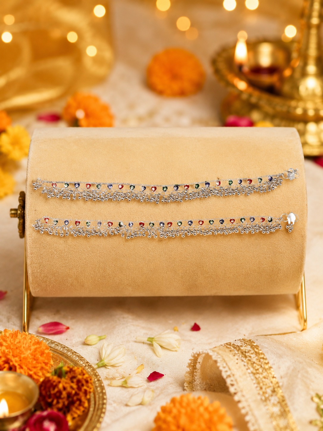 Silver Multi-Color Stone Payal - Image 2