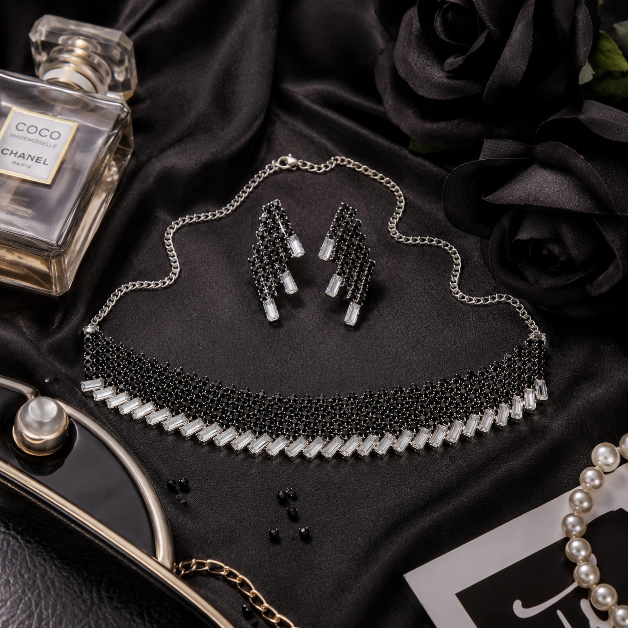 Midnight Elegance Black Crystal Necklace & Earrings Set - Image 3