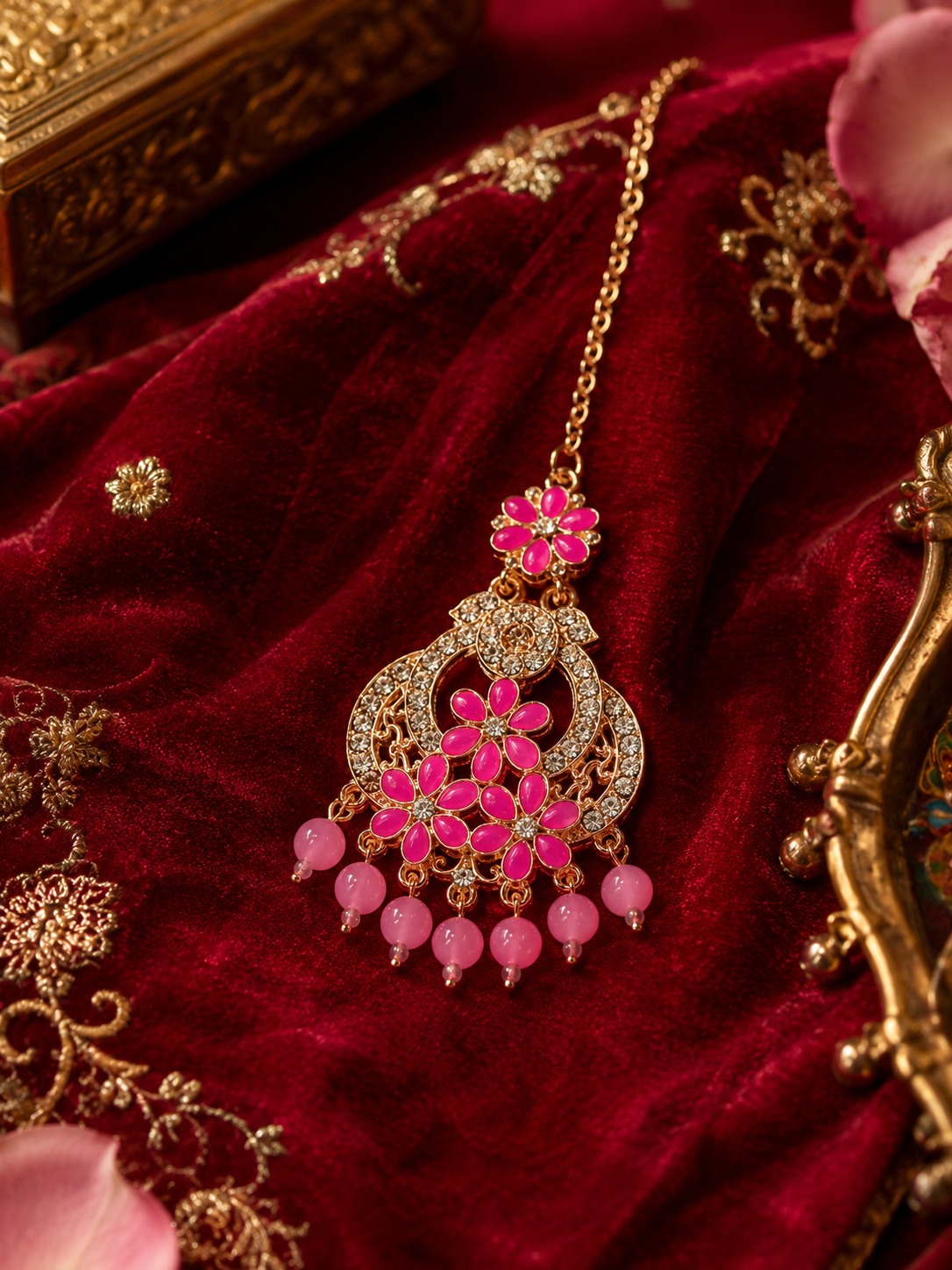 Rajwadi Pink Bloom Maang Tikka