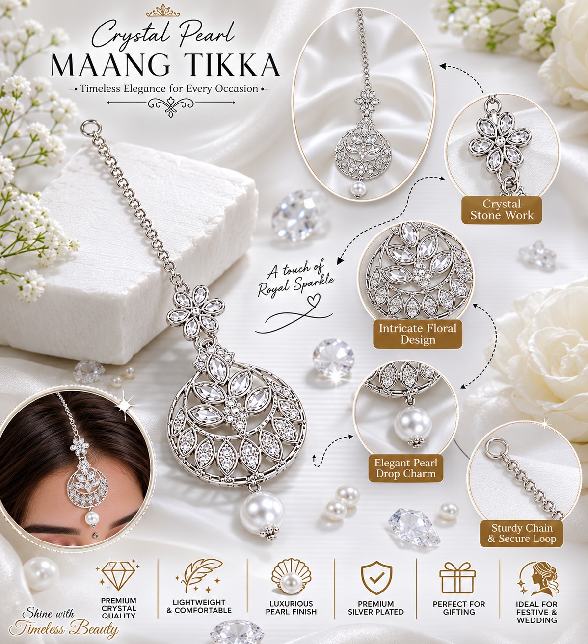 Designer Ethnic Pearl Drop Maang Tikka for Women - Image 3