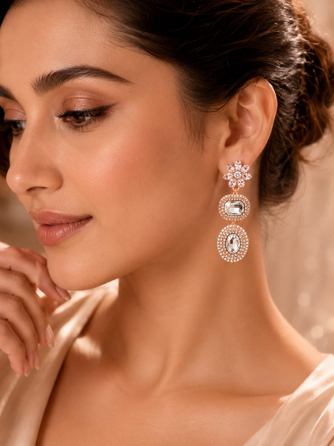 Diamond Look Floral Drop Earrings - Image 3