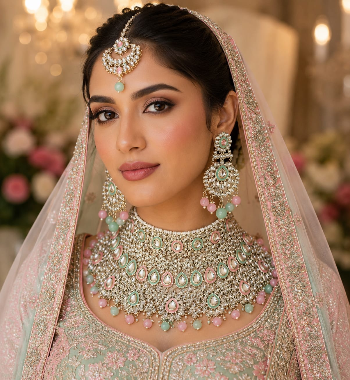 Mint Rose Kundan Bridal Wedding Set - Image 3