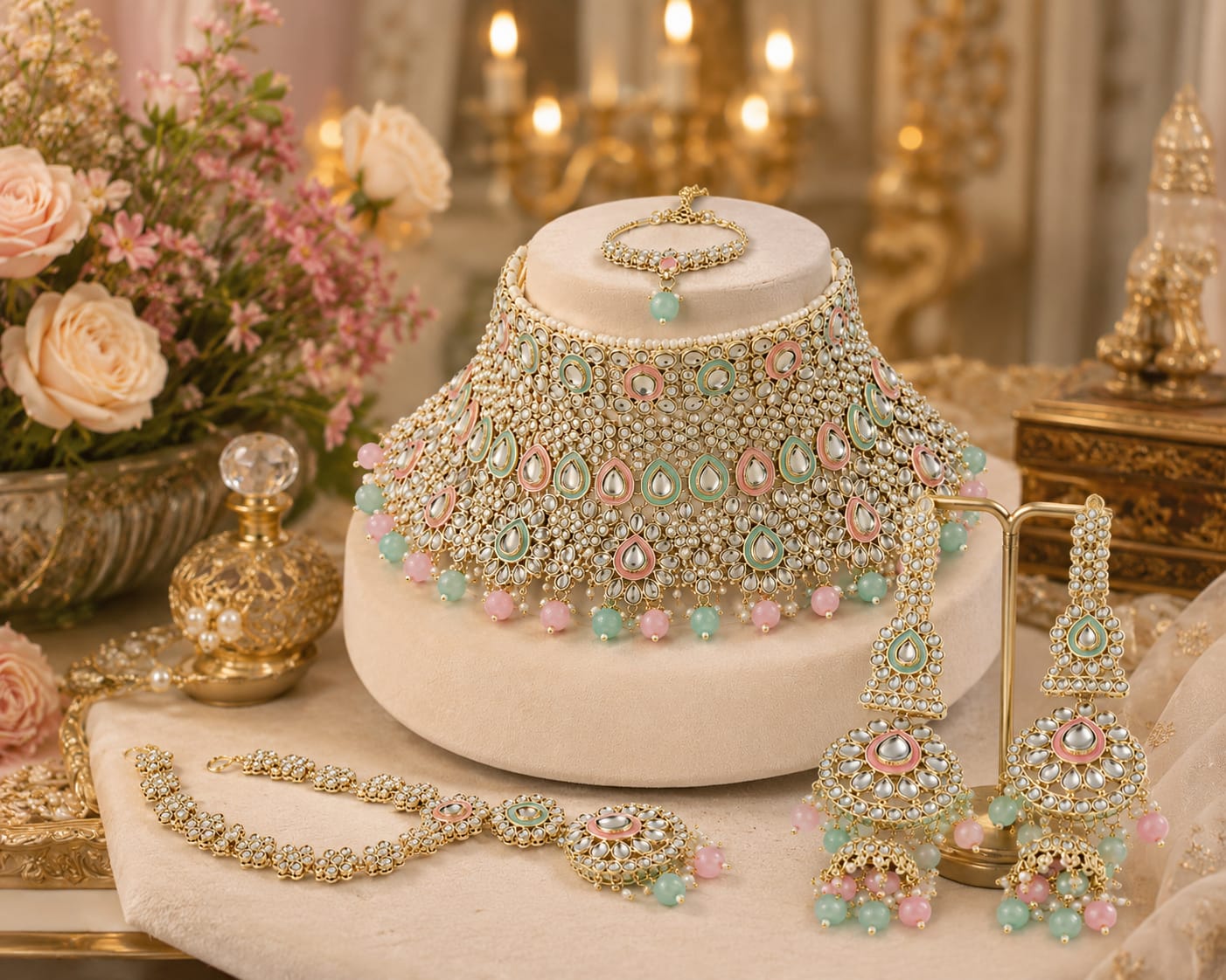 Mint Rose Kundan Bridal Wedding Set - Image 4