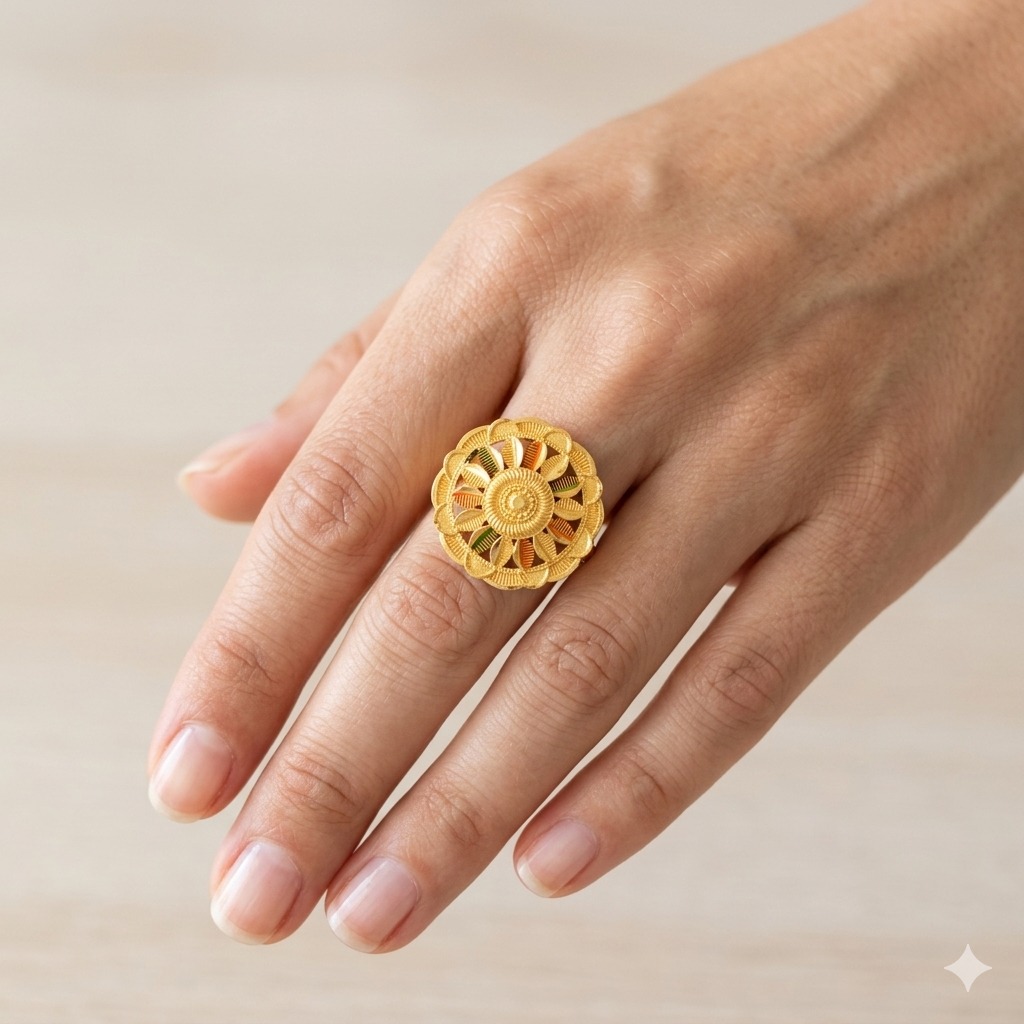 Golden Sunflower Meenakari Adjustable Ring - Image 3
