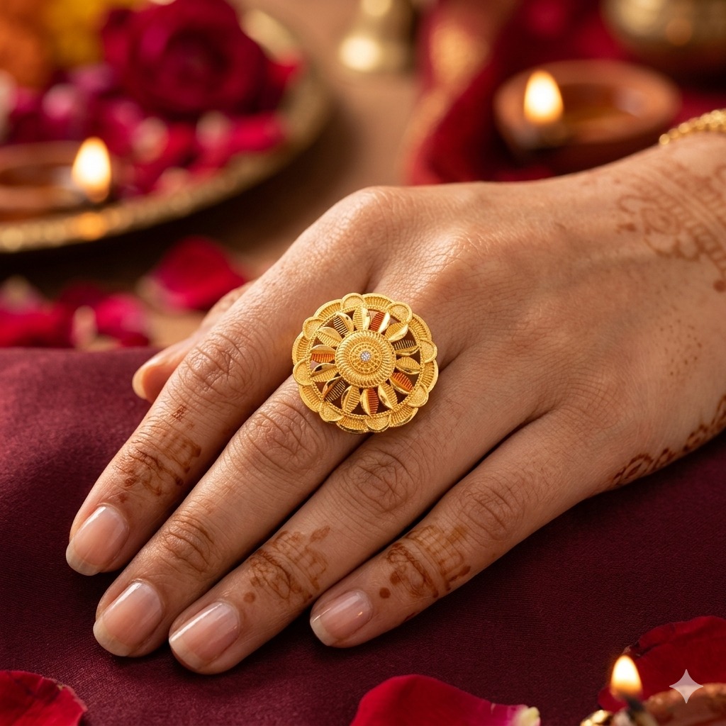 Golden Sunflower Meenakari Adjustable Ring - Image 4