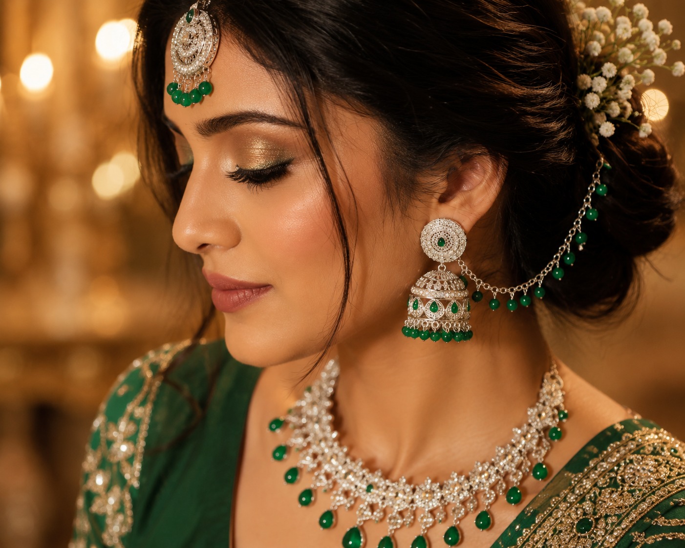 Emerald Rajwadi Chandbali Kaan Chain Earrings - Image 4