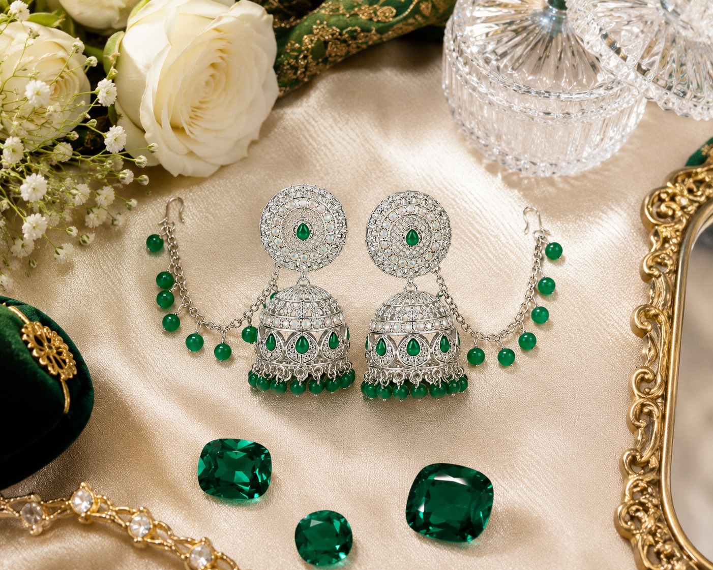 Emerald Rajwadi Chandbali Kaan Chain Earrings - Image 3