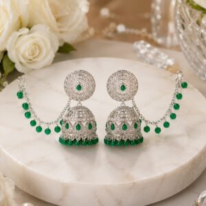 Emerald Rajwadi Chandbali Kaan Chain Earrings