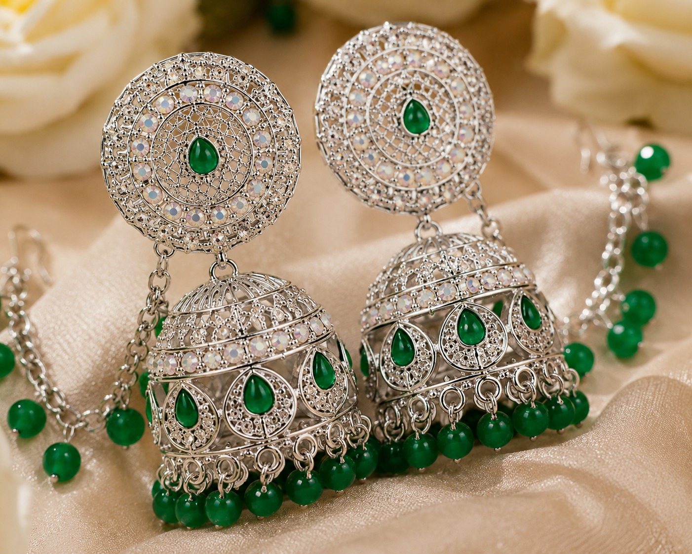 Emerald Rajwadi Chandbali Kaan Chain Earrings - Image 2