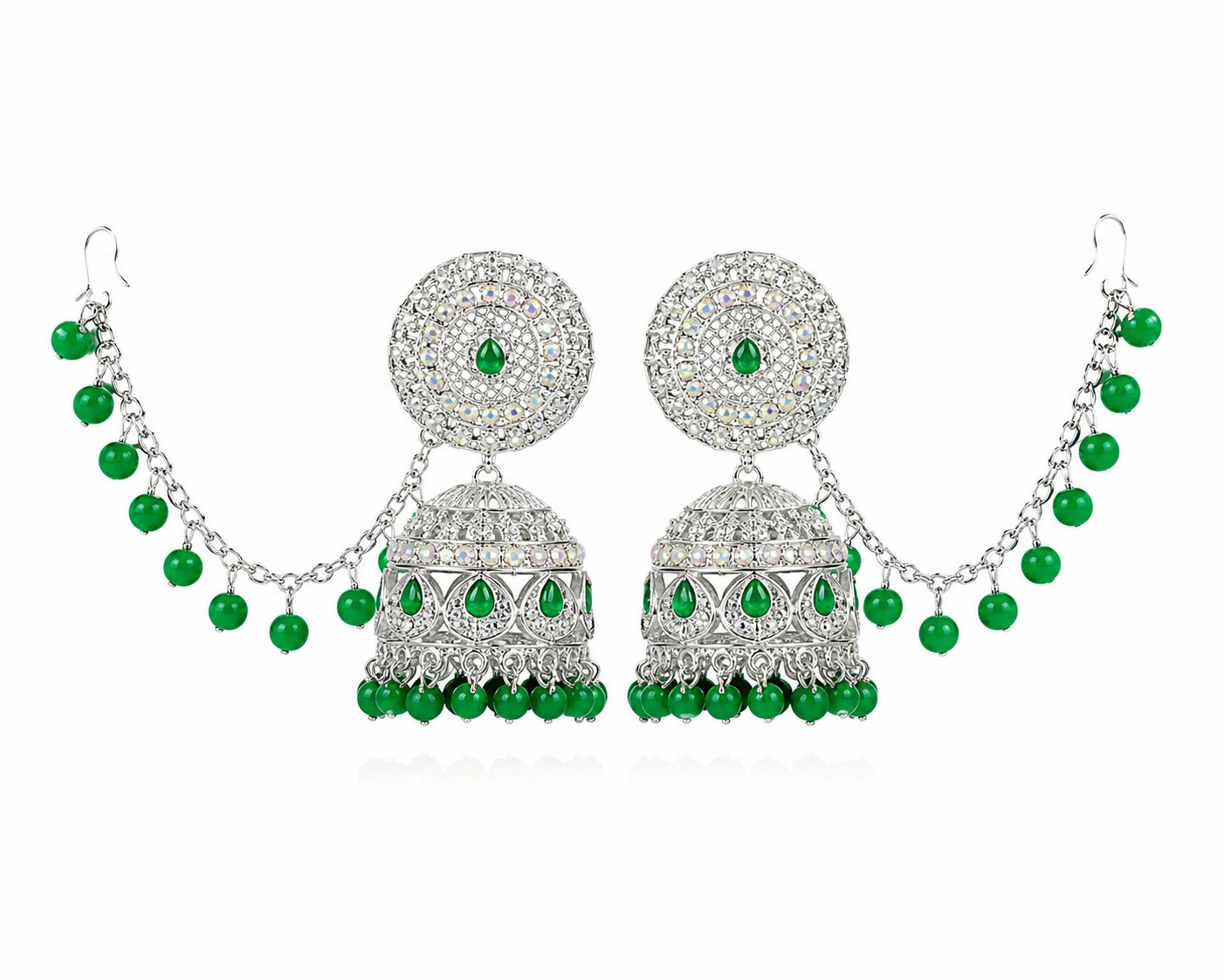 Emerald Rajwadi Chandbali Kaan Chain Earrings - Image 5