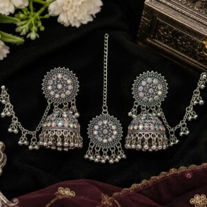 Rajwadi Silver Tone Jhumka & Maang Tikka Set