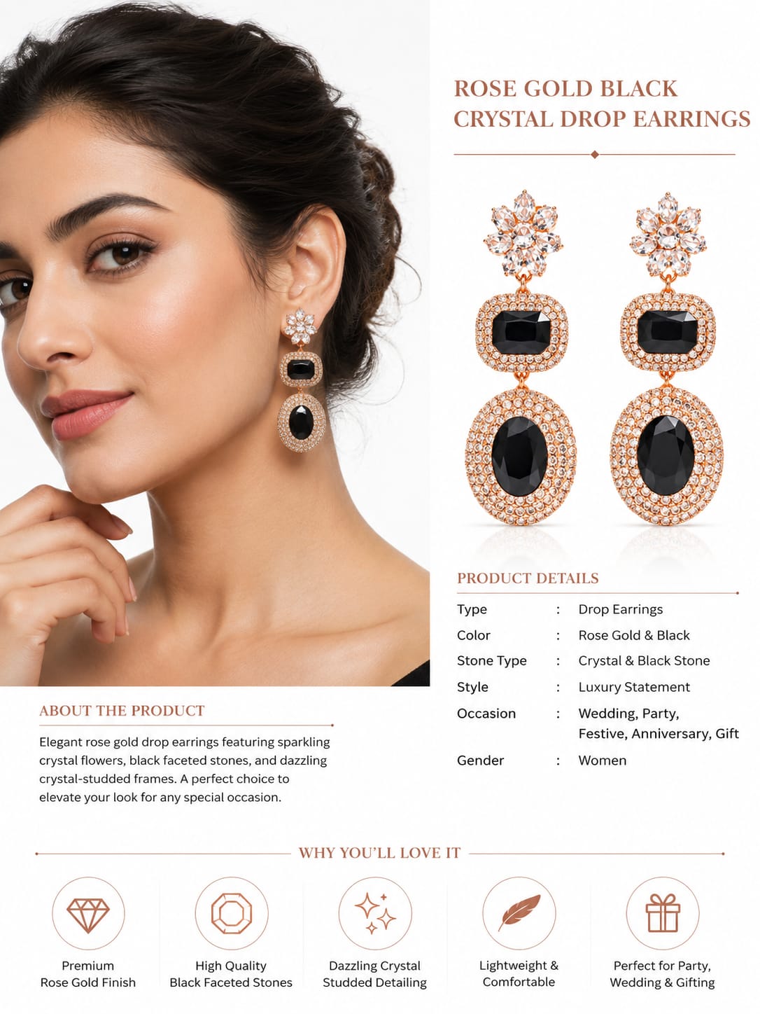 Midnight Royale Rose Gold Black Earrings - Image 3