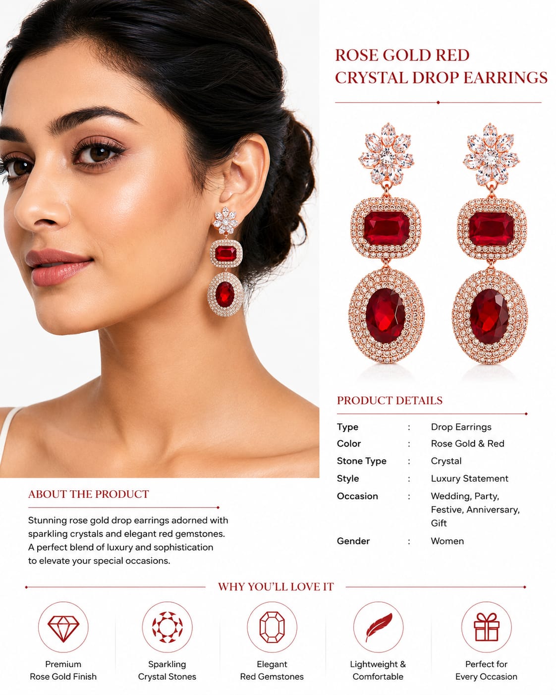 Ruby Royale Rose Gold Red Earrings - Image 2