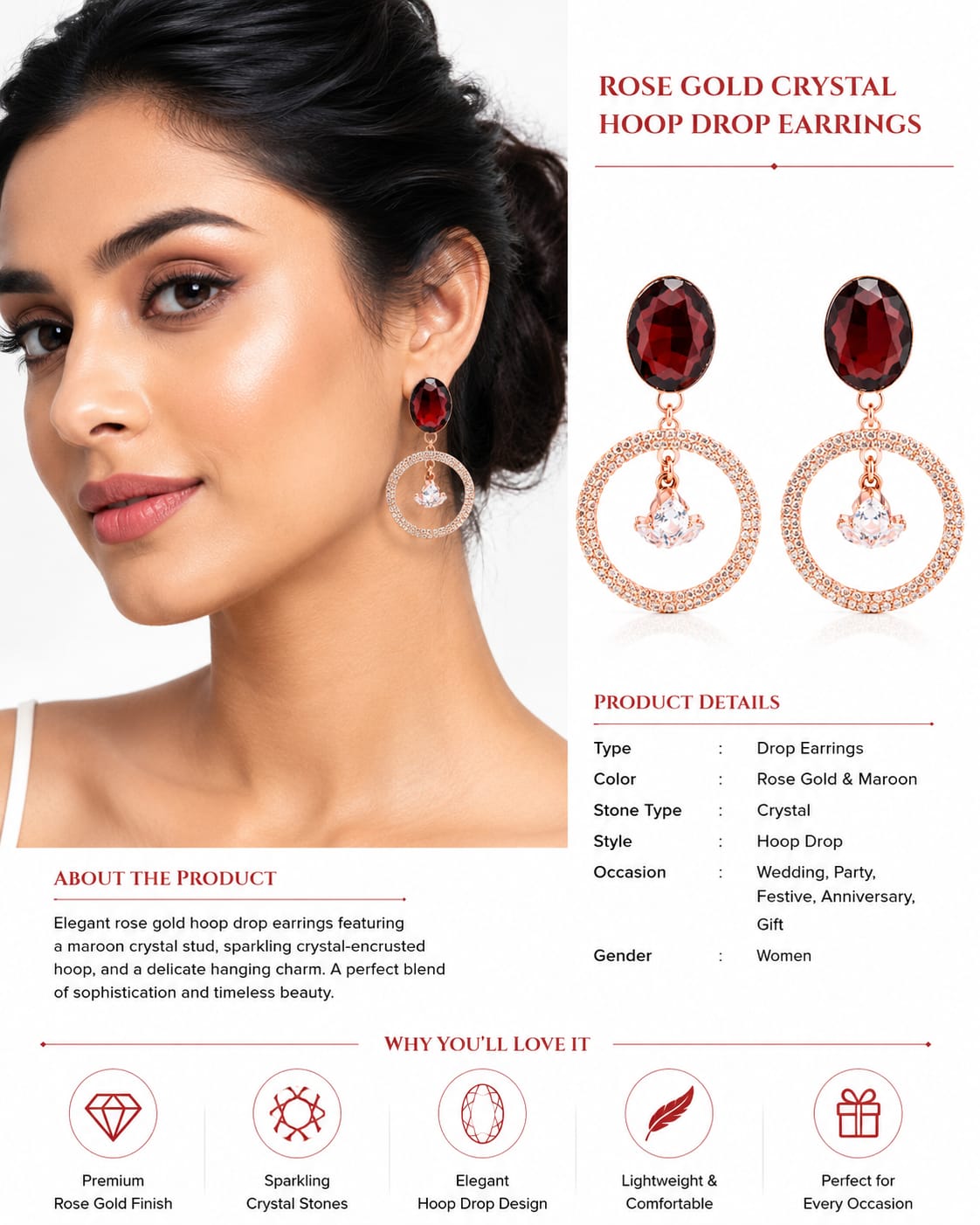 Ruby Halo Rose Gold Drop Earrings - Image 2