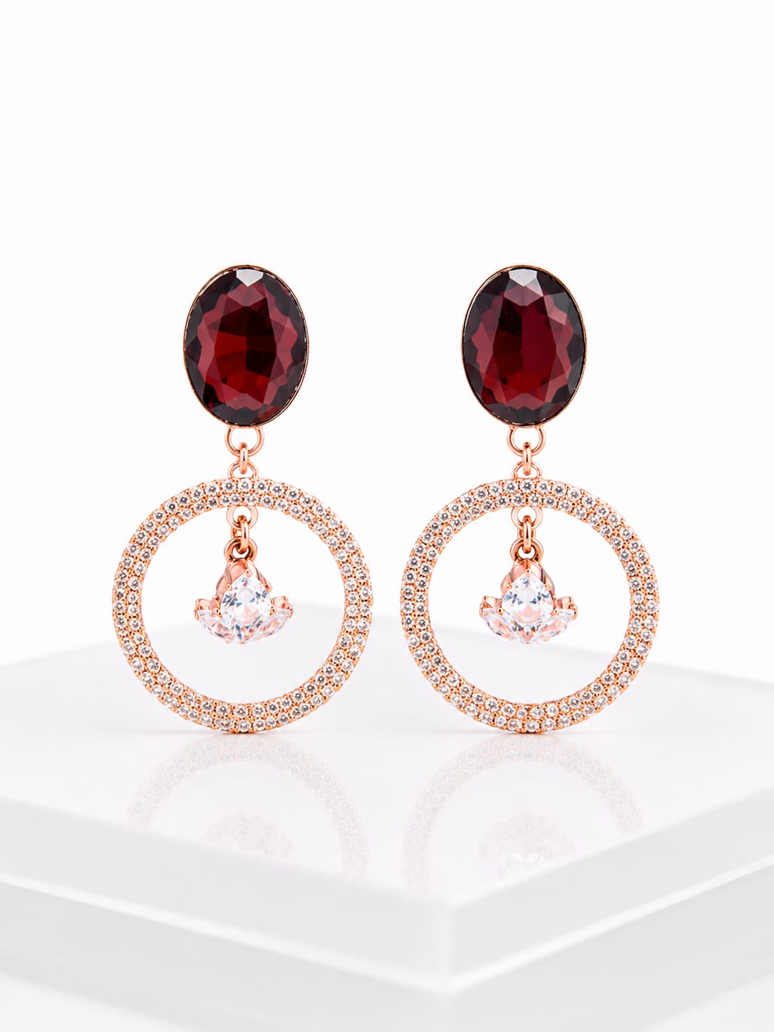 Ruby Halo Rose Gold Drop Earrings