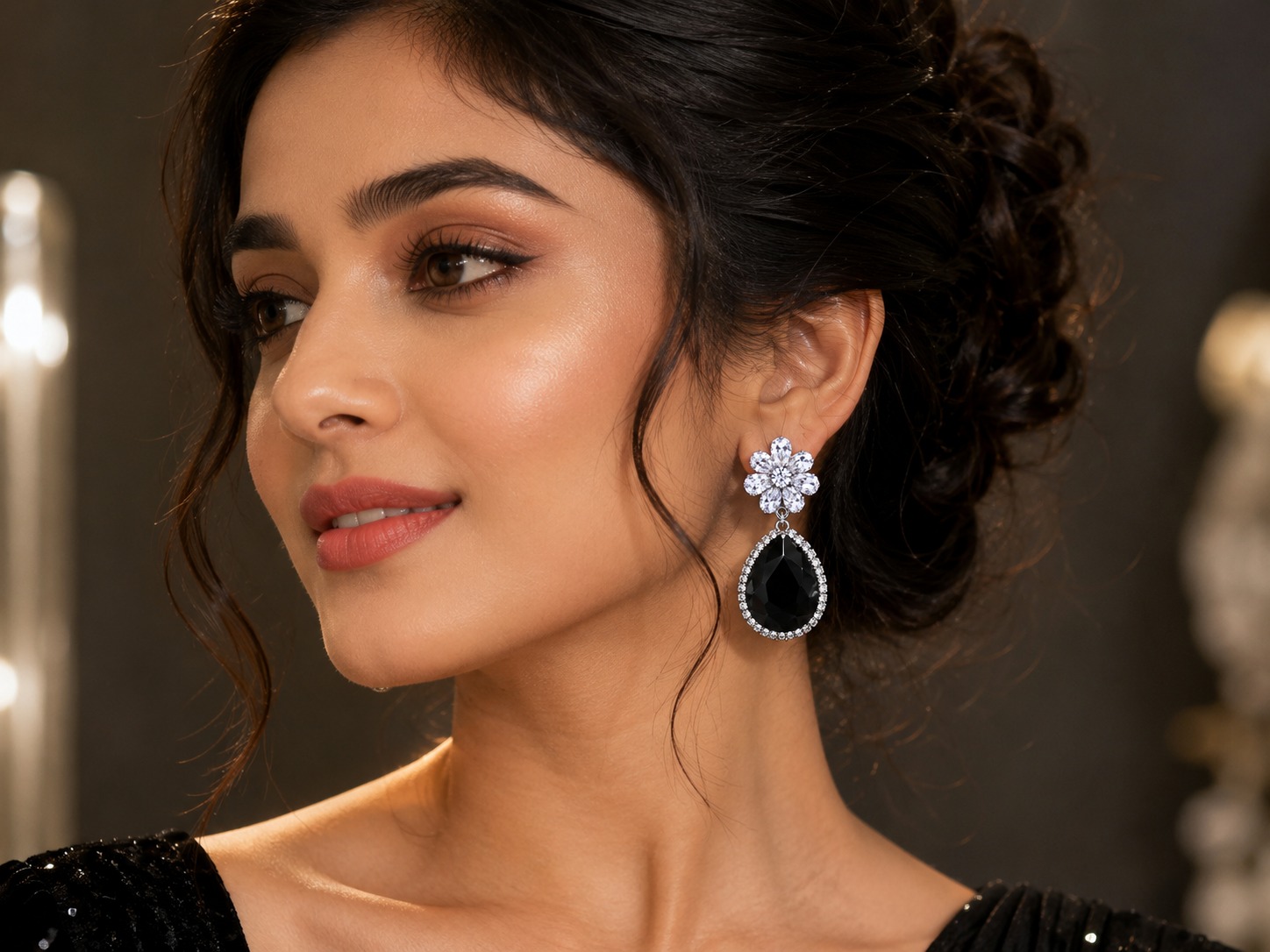 Black Diamond Floral Drop Earrings - Image 3
