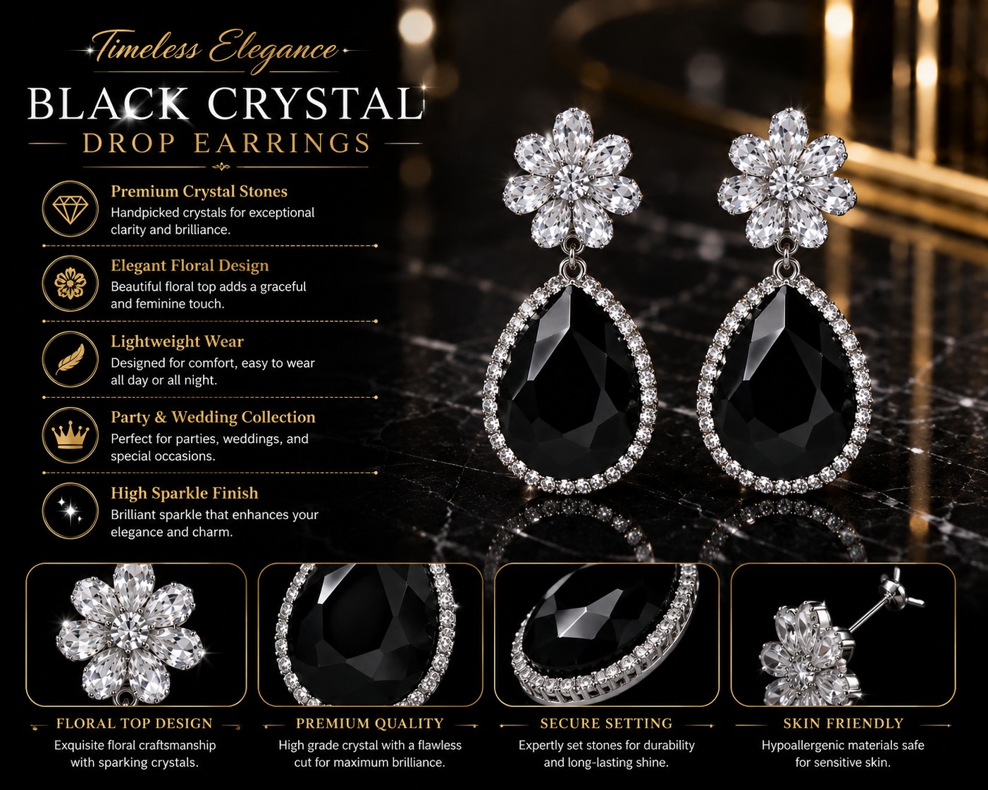 Black Diamond Floral Drop Earrings - Image 2