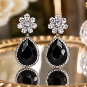 Black Diamond Floral Drop Earrings
