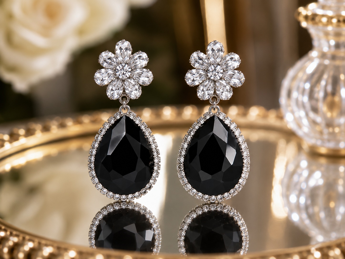Black Diamond Floral Drop Earrings