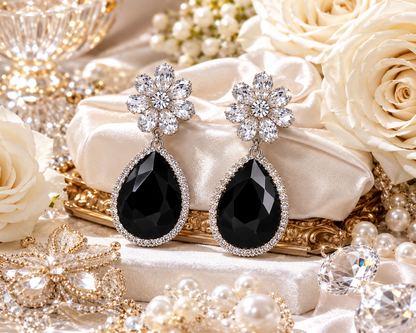 Black Diamond Floral Drop Earrings - Image 5