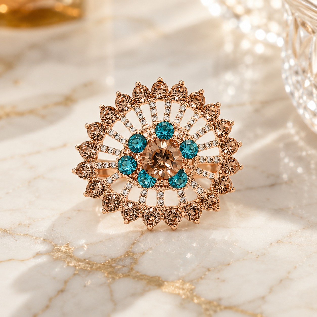 Blue Crystal Floral Ring