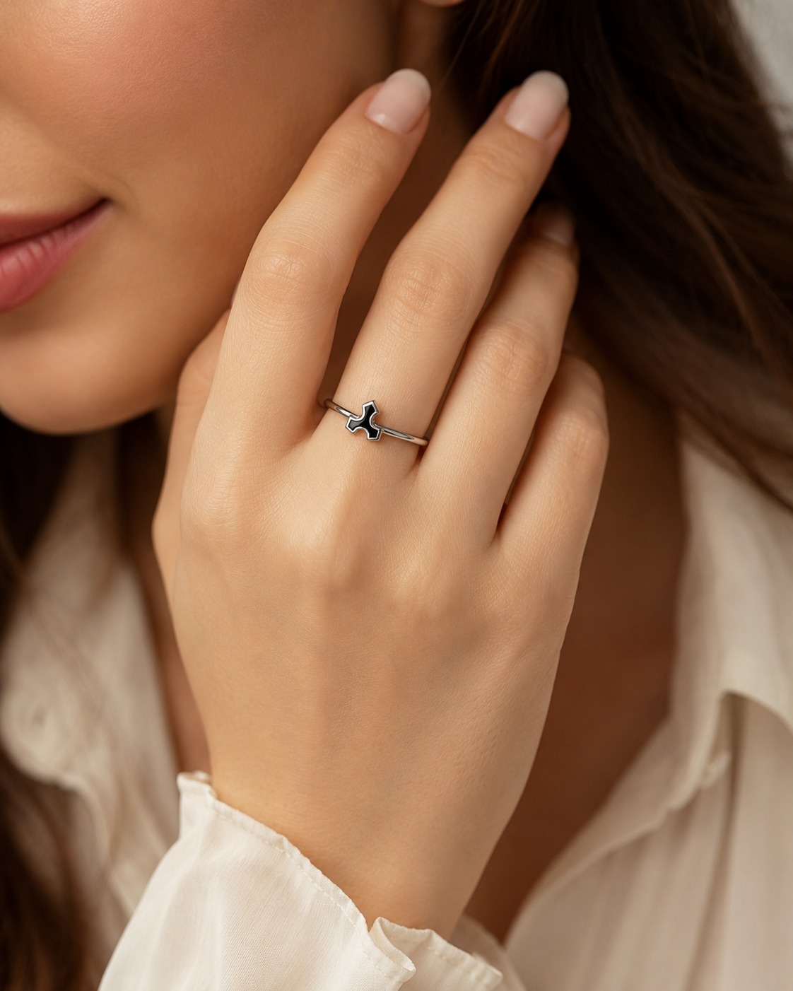 Black Fleur Cross Adjustable Ring - Image 6