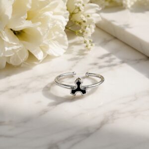 Black Fleur Cross Adjustable Ring with glossy enamel finish and floral cross design for women