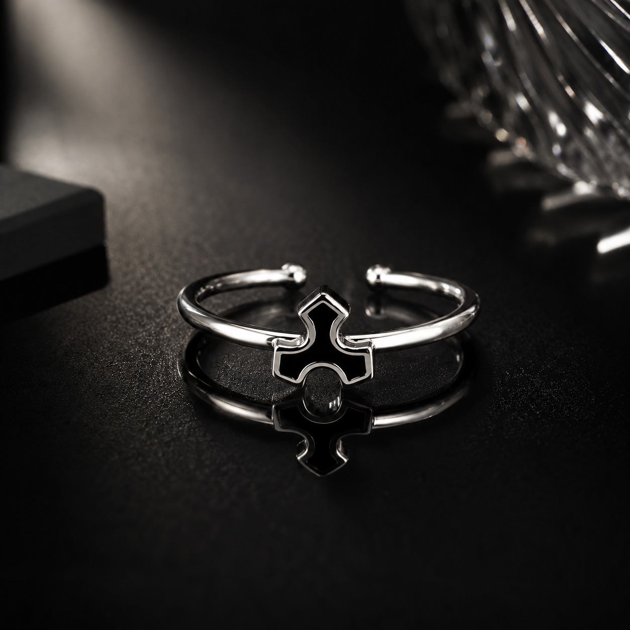 Black Fleur Cross Adjustable Ring - Image 4
