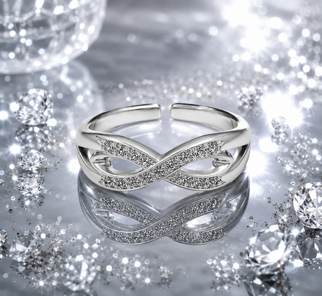 Silver Infinity Charm Ring with elegant infinity symbol design and polished adjustable silver finish for women jewelry