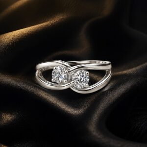Twin Sparkle Infinity Ring with dual crystal stones and elegant infinity design in polished silver adjustable finish