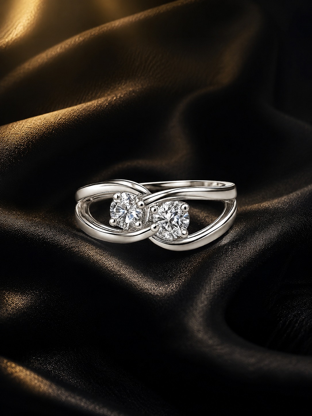 Twin Sparkle Infinity Ring with dual crystal stones and elegant infinity design in polished silver adjustable finish