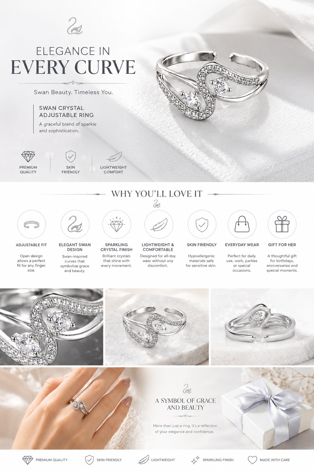 Silver Swan Adjustable Ring for Women - Image 4