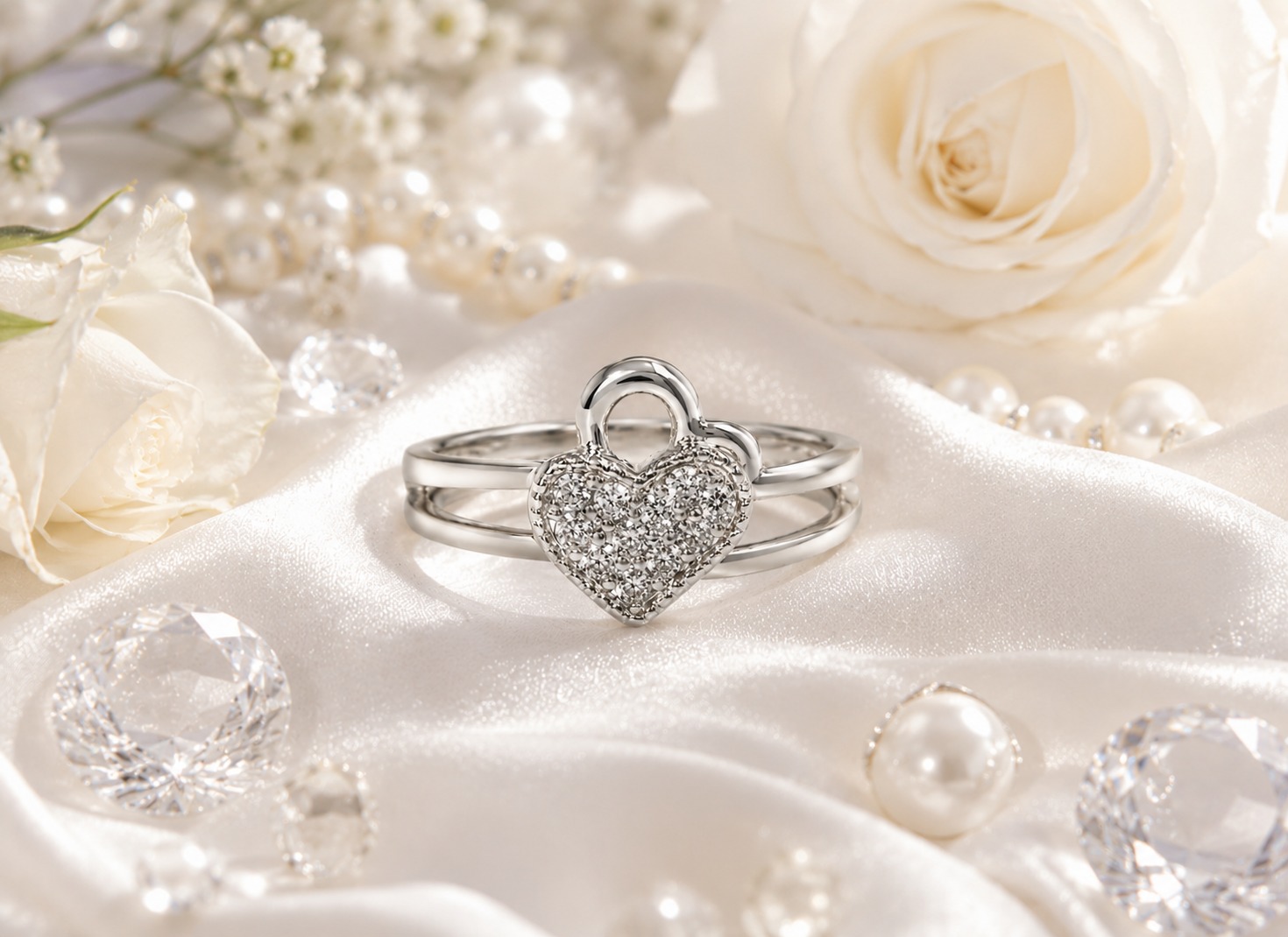 Sparkle of Love Silver Heart Ring with shimmering crystal heart design and silver plated adjustable band