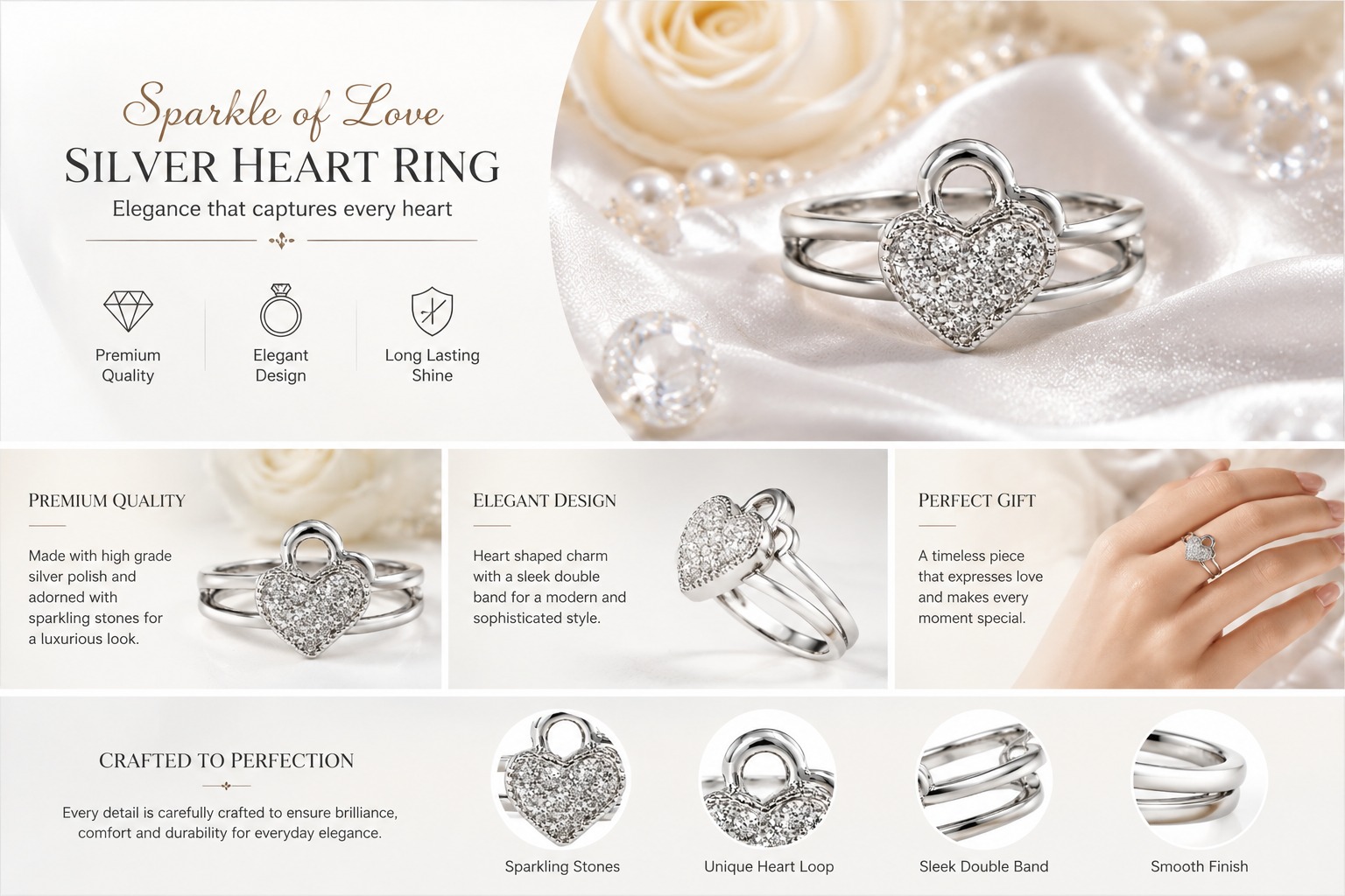 Sparkle of Love – Silver Heart Ring - Image 3