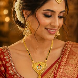 Premium Gold Finish Mangalsutra Necklace for women with traditional black beads and elegant gold plated design