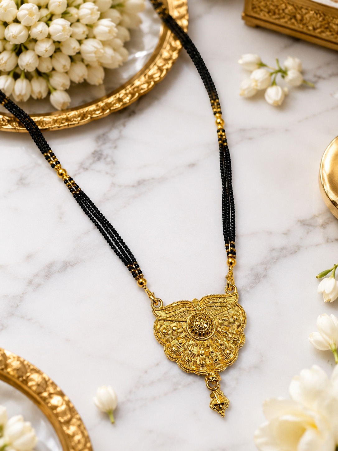 Premium Traditional Gold Tone Mangalsutra with classic black bead chain and elegant gold finish