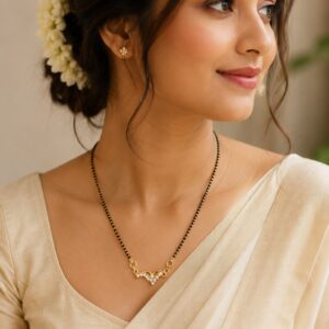 Traditional Gold Finish Crystal Mangalsutra with sparkling crystal pendant and classic black bead chain